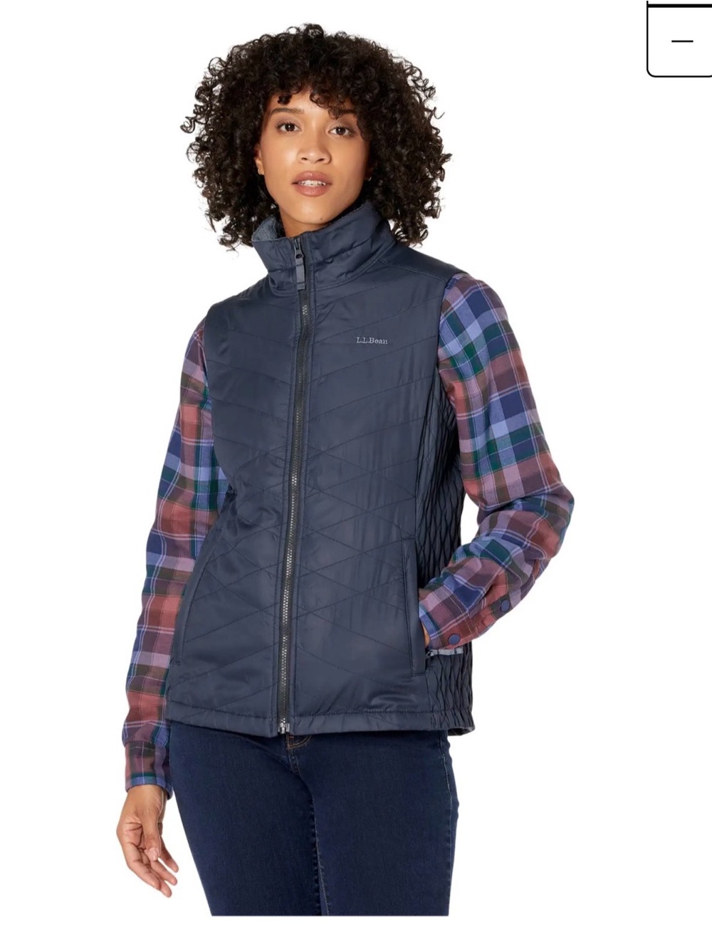 L.L. Bean Primaloft fleece lined Navy Quilted Vest with Stand Collar